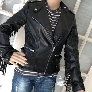 Black rivet awesome fringed faux blk Leathr jacket